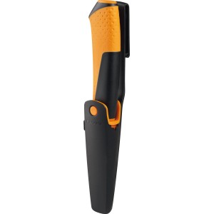 Fiskars Universalmesser mit Holster und Messerschärfer, orange-schwarzer Griff.