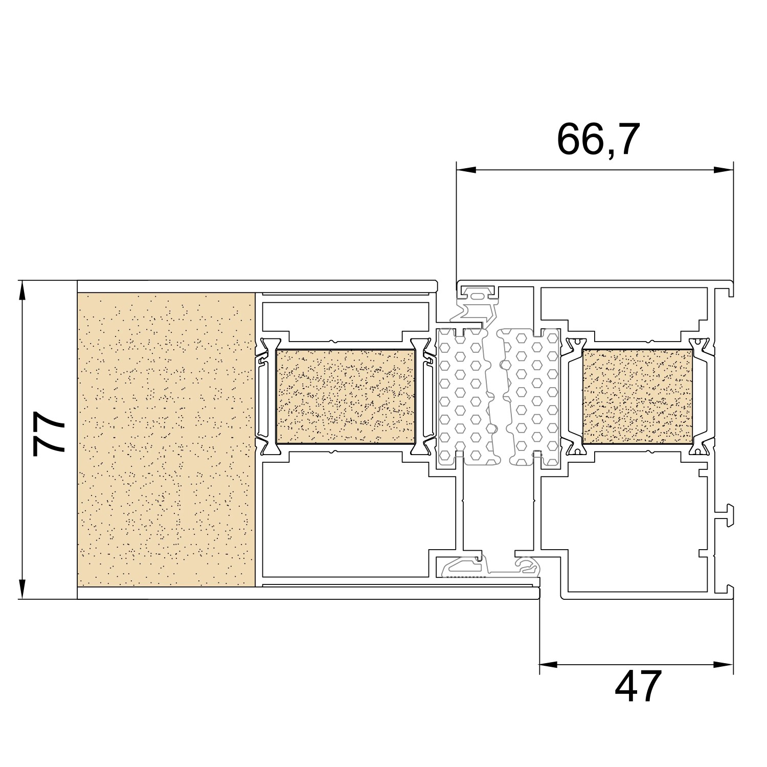 Schnittzeichnung Moderno Haustür M330P, Bautiefe 77mm, Detailansicht der Konstruktion.