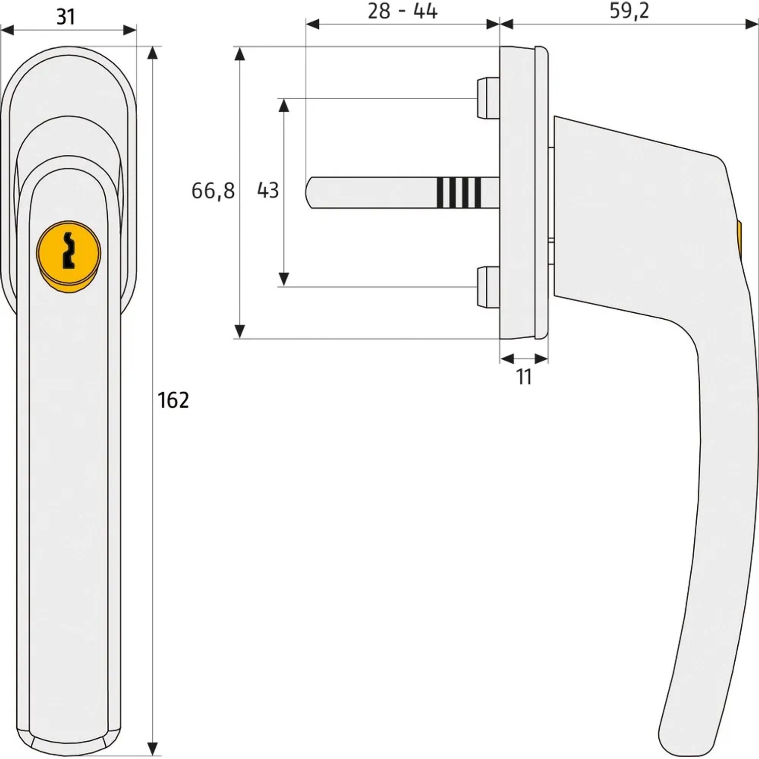 Abus Fenstergriff FG210 S (3er-Set) mit Maßen, abschließbarer Fenstergriff für erhöhte Sicherheit.