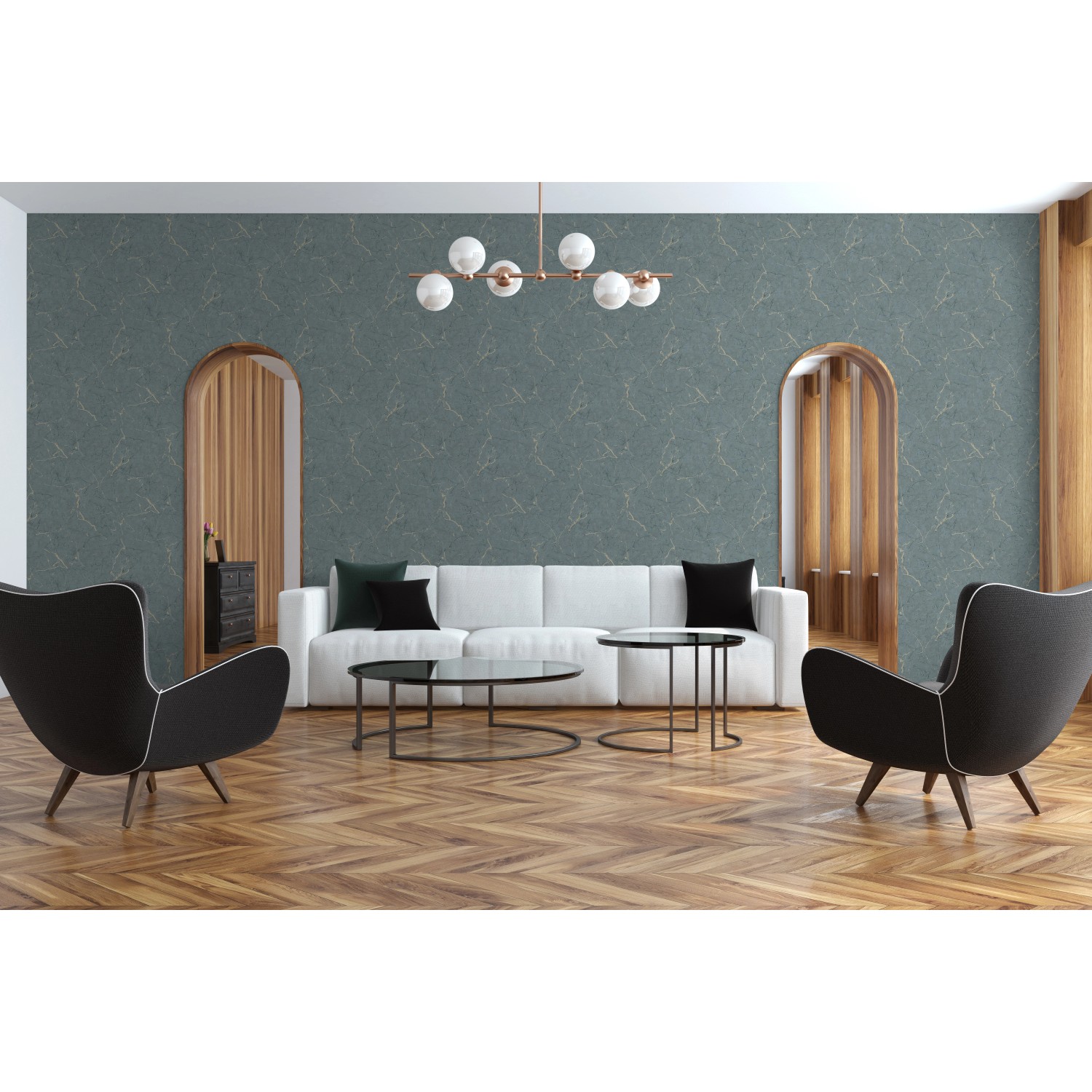 Wohnraum mit graubeiger Marmor Vliestapete der Serie Metropolitan Stories II von OBI.