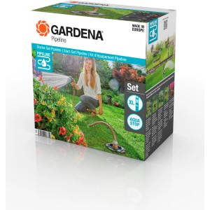 Verpackung des Gardena Start-Set Pipeline für Sprinkler-Systeme mit Anschlussdose und Wassersteckdosen.