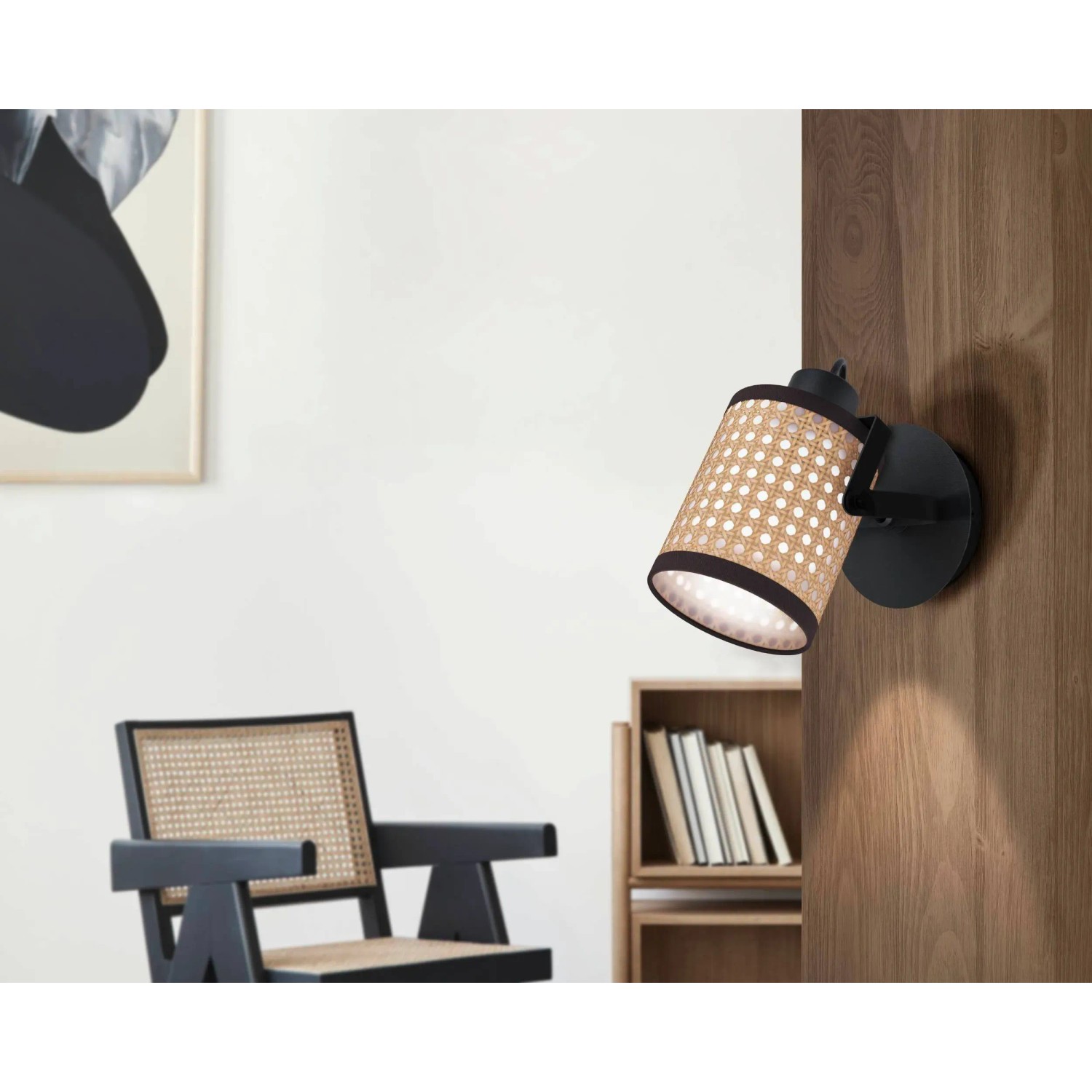 Eglo Spot Ruscomb: Schwarze Deckenleuchte mit Natur-Geflecht im Vintage Design.