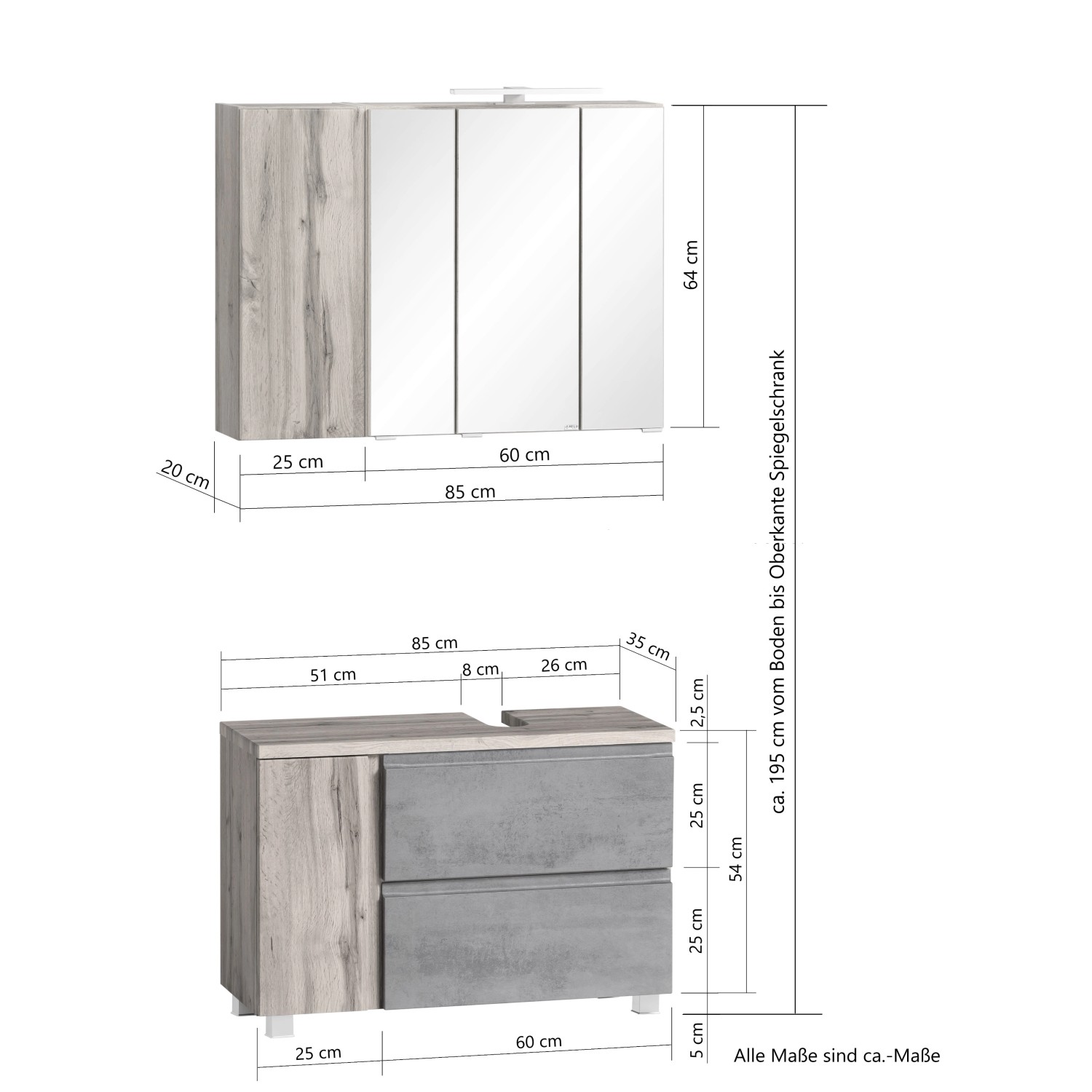 Held Möbel Badmöbel-Set Ancona, 85cm, mattweiß/Wotaneiche, mit Spiegelschrank und Unterschrank (Ausschnitt rechts).