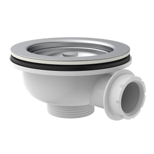 Weißes Kirchhoff Korbventil mit Edelstahl-Sieb für Spüle, 114mm Durchmesser.