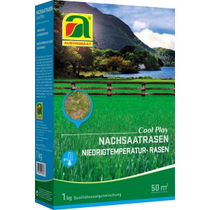 Packung Austrosaat CoolPlay Niedrigtemperatur Rasensamen, geeignet für kühle Temperaturen.