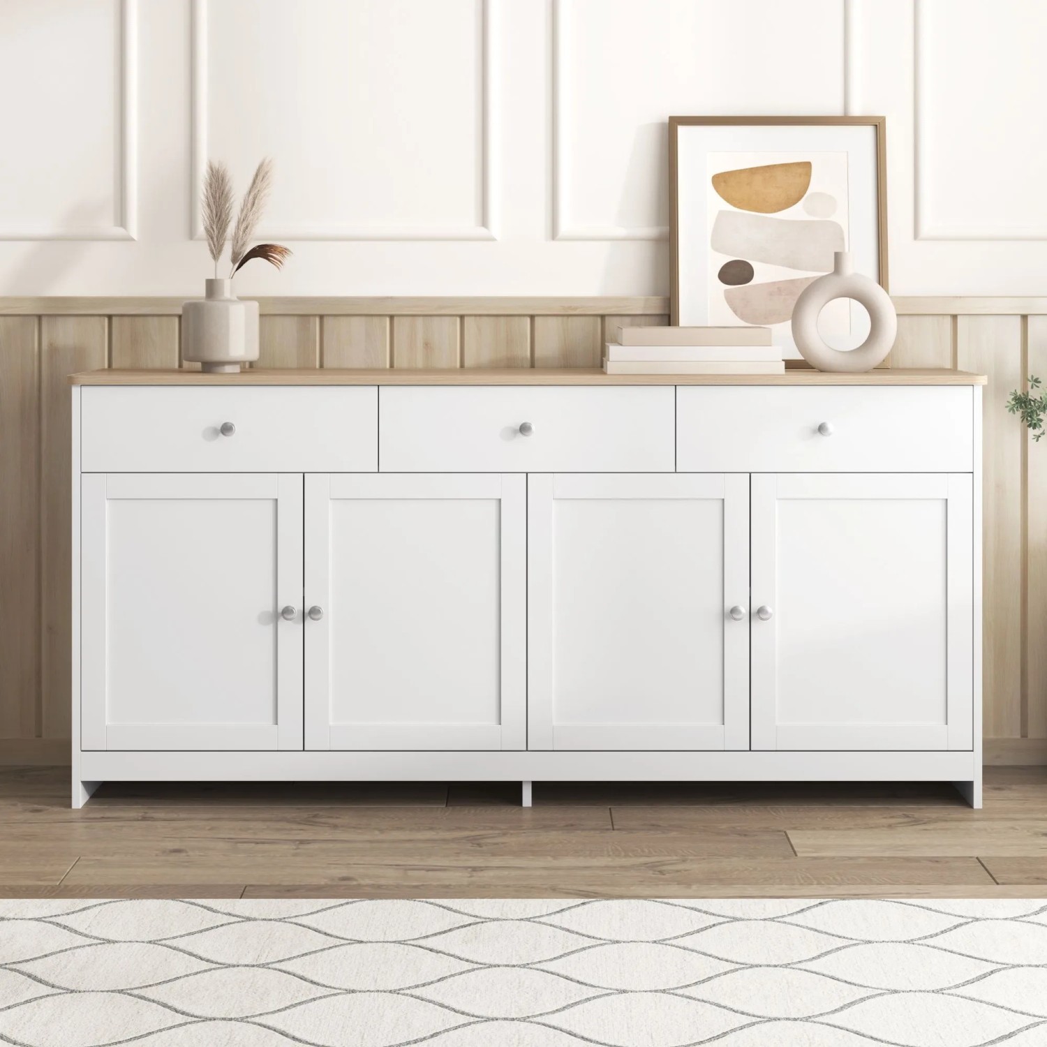 okwish Sideboard mit 4 Türen 3 Schubladen Wohnzimmer Esszimmer 160x37x75cm Weiß_3