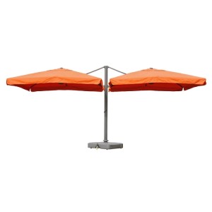 Großer Terracotta Doppel-Ampelschirm mit zwei quadratischen Schirmen und stabilem Standfuß für Garten oder Terrasse.