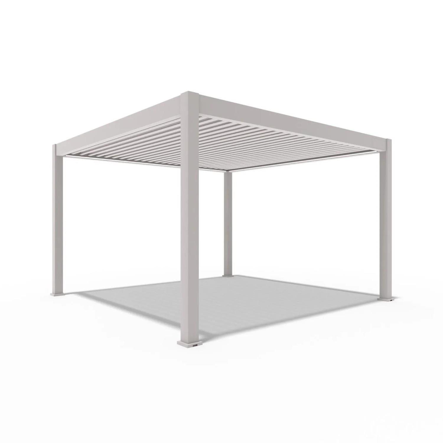 Elektrische Aluminium Pergola Deluxe Plus in Sand, 4x4m, mit verstellbarem Lamellendach und LED-Beleuchtung.