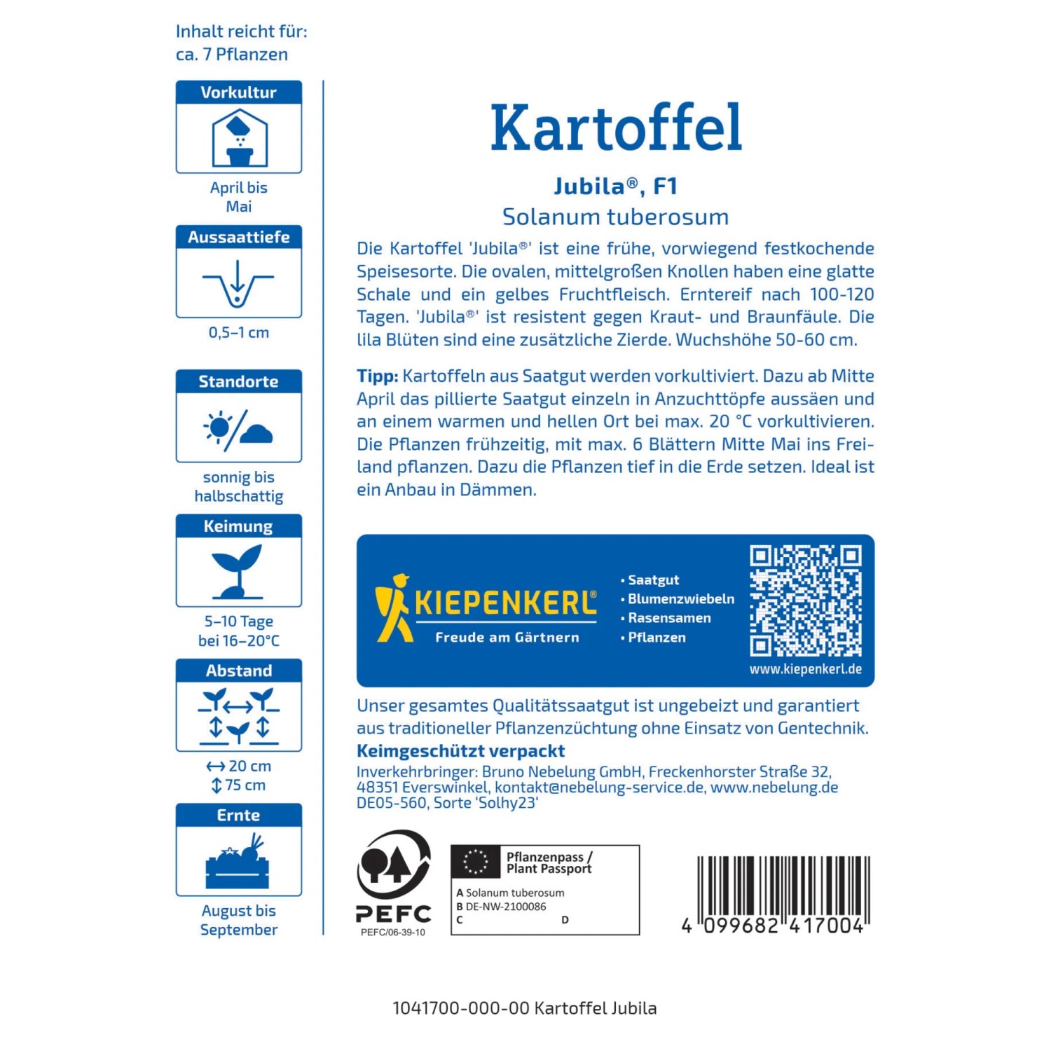 Kiepenkerl Saatgut Kartoffel Jubila, Verpackung mit Infos zu Aussaat, Ernte und Eigenschaften.