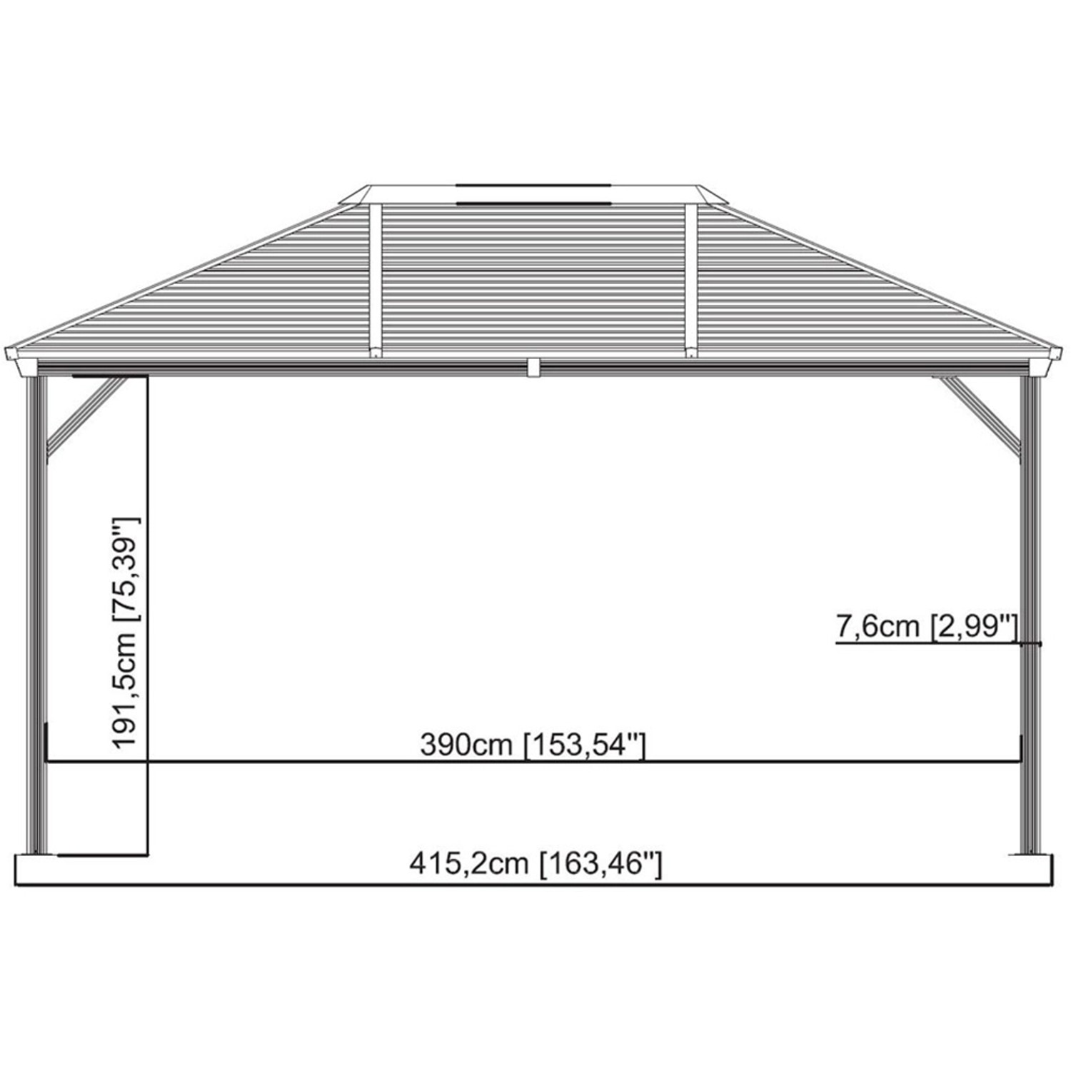 Technische Zeichnung: Sojag Pavillon Ventura, 423x296x261 cm, Anthrazit, mit Maßangaben.