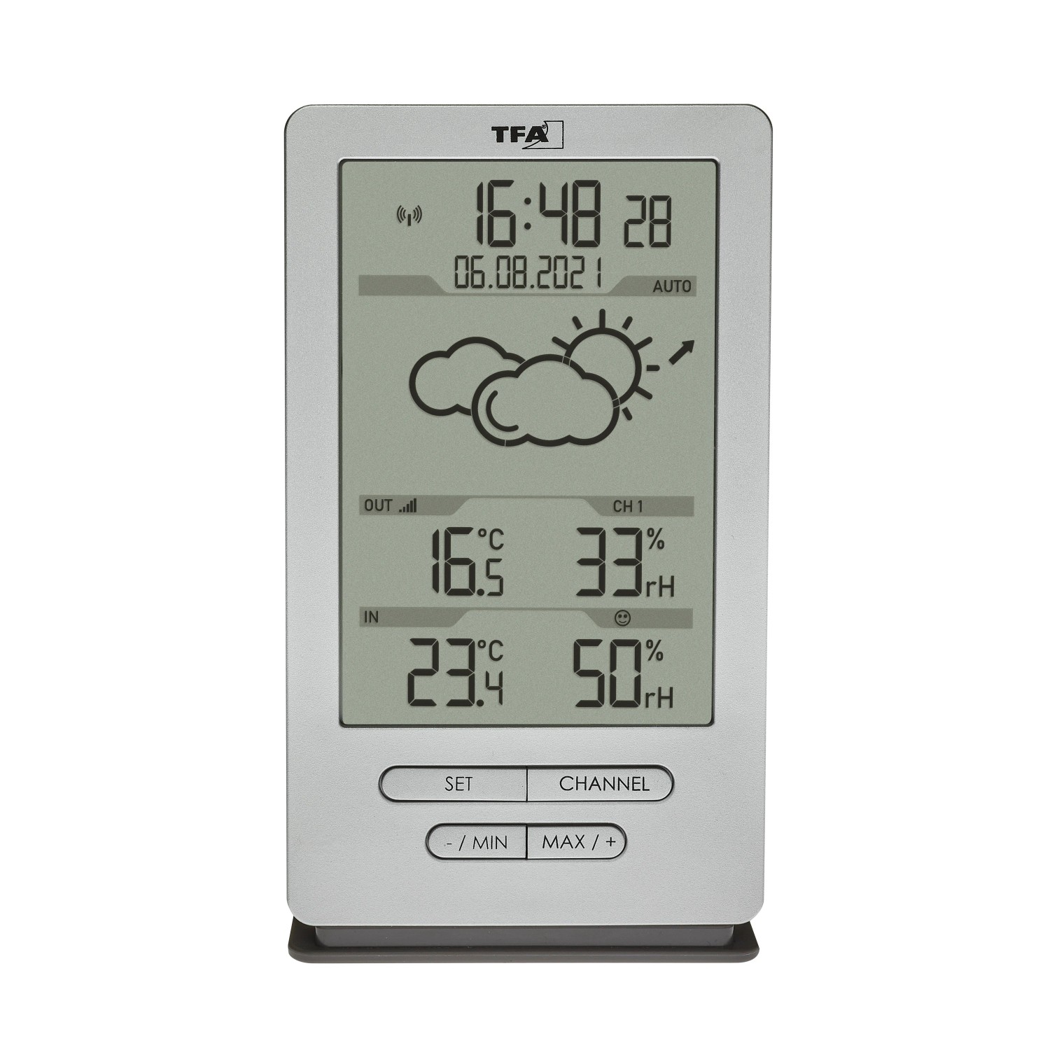 Silberne TFA Funk-Wetterstation Xena mit Außensensor zeigt Innen- und Außentemperatur.