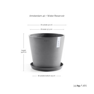 Runder Ecopots Pflanztopf Amsterdam 40 cm in Grau mit integriertem Wasserreservoir und passendem Untersetzer.