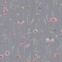Graue Vliestapete mit zartem Blumenmuster aus Blüten und Blättern in Rosa, Grün und Grau. Dekorative Tapete.