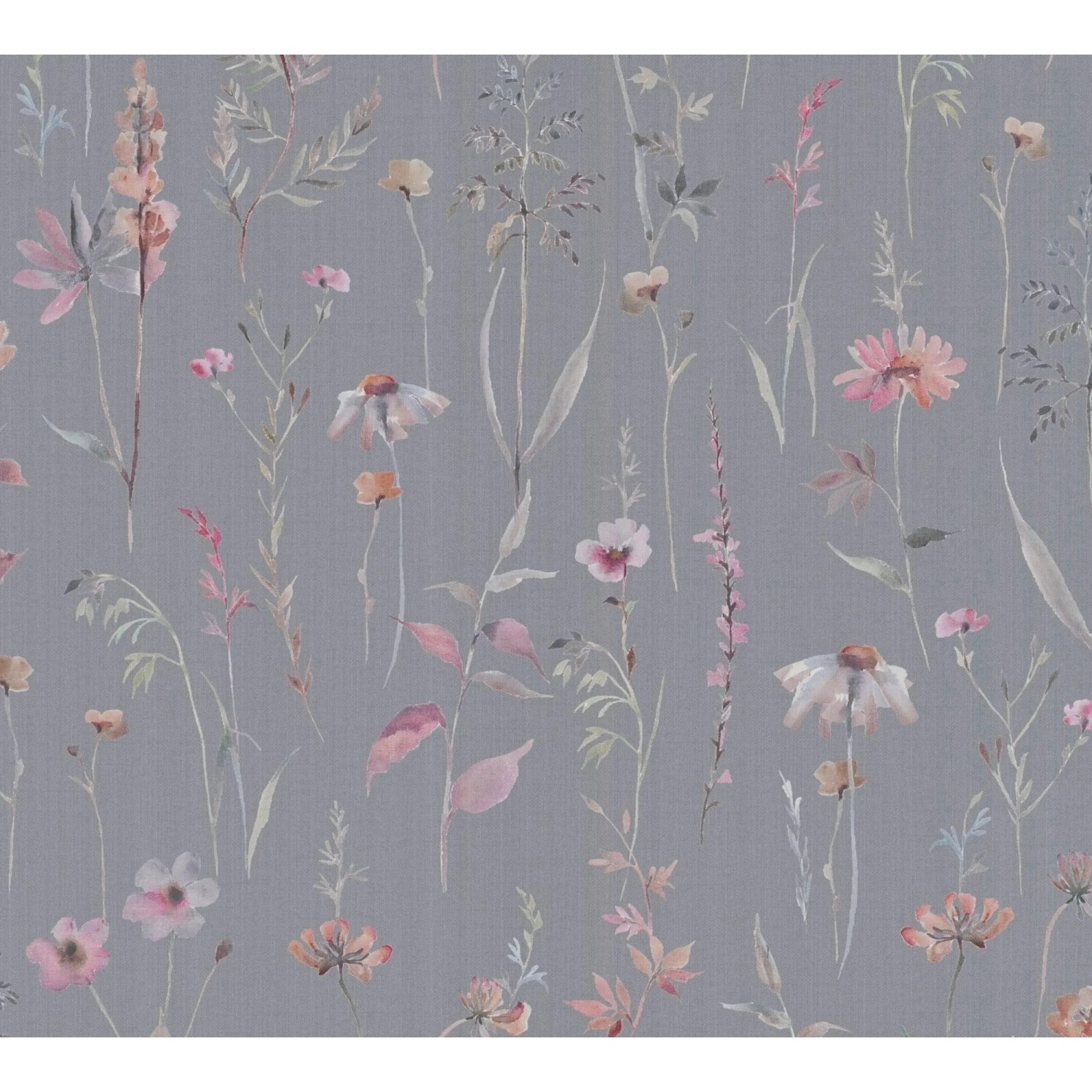 Graue Vliestapete mit zartem Blumenmuster aus Blüten und Blättern in Rosa, Grün und Grau. Dekorative Tapete.