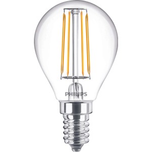 Philips LED-Lampe E14 Tropfenform, 4,3W, 470lm, 8,2x4,5cm. Klares Glas, warmweißes Licht.