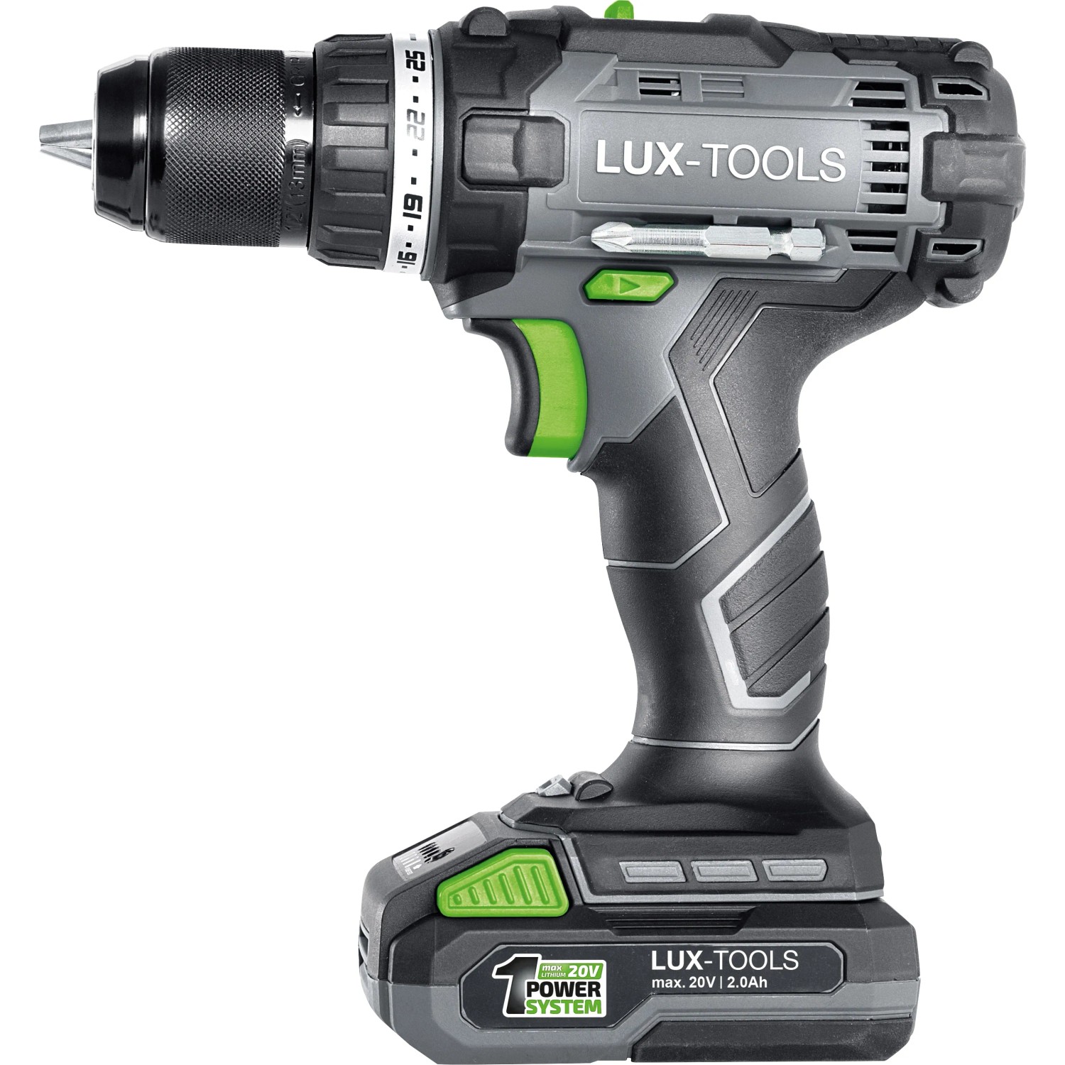 LUX Akku-Bohrschrauber aus dem 3in1 Maschinenset, Akku 20V, grau/grün.