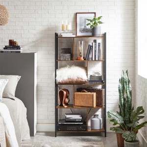 Vasagle Bücherregal mit 5 Ebenen in Braun-Schwarz, 74x150x30cm, dekoriert im Wohnzimmer.