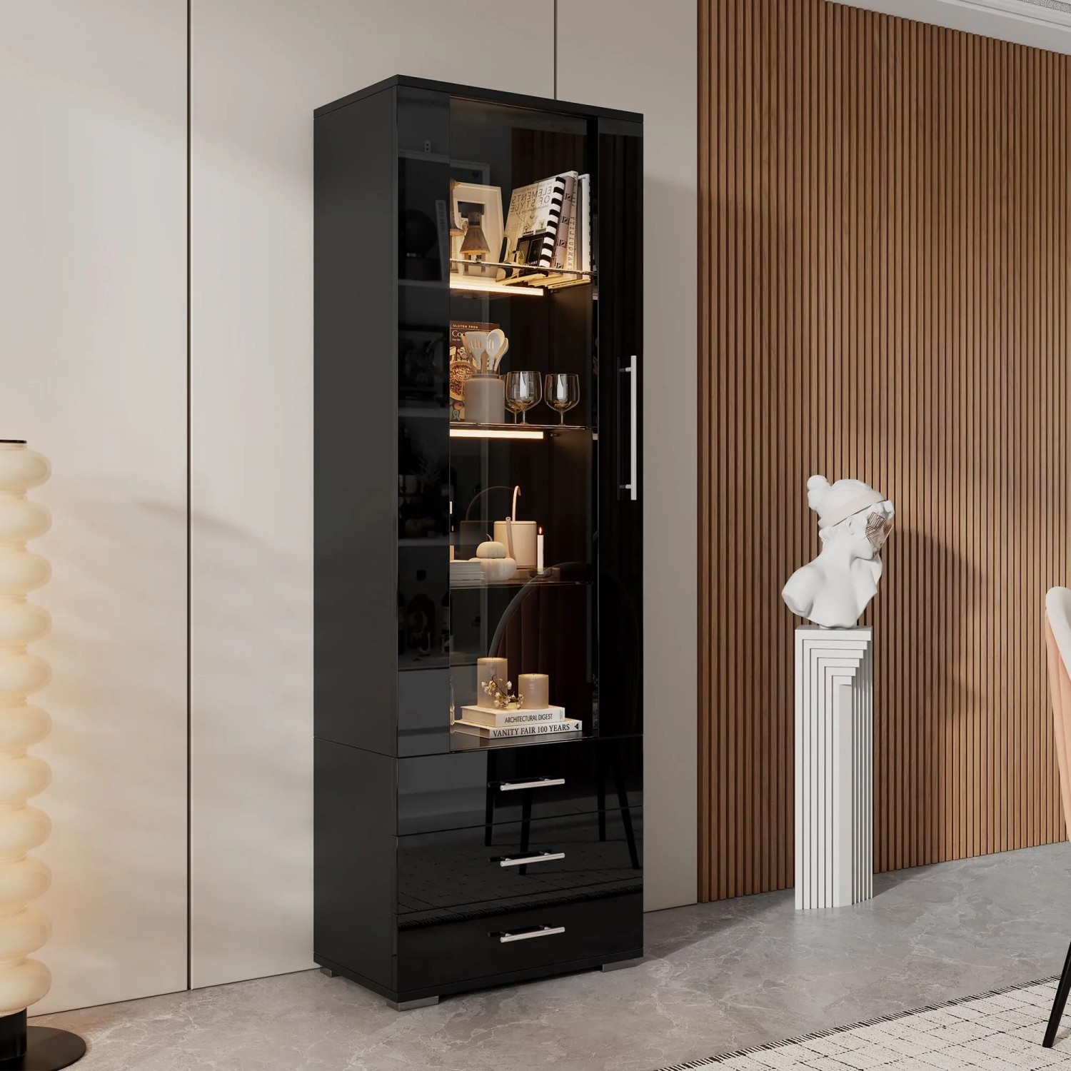 okwish Vitrine mit LED Beleuchtung Schubladen Glasvitrine Wohnzimmer 60x35x180cm Schwarz_4