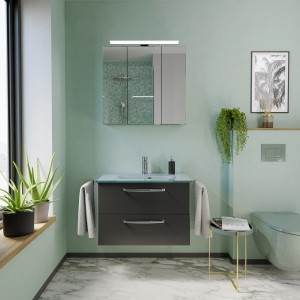 Pelipal Badmöbel-Set Trentino, 77 cm, Anthrazit, mit Waschbecken, Unterschrank und Spiegelschrank.