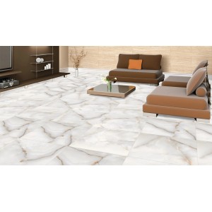 Verlegtes Feinsteinzeug Bodenfliese, 60x60 cm, poliert, glasiert, Marmor-Optik im Wohnraum.