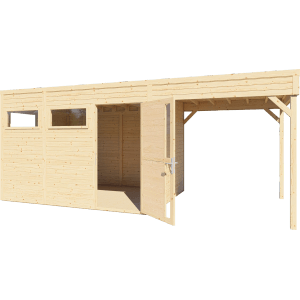 Bertilo Holz-Gartenhaus Cubus 3 Lounge aus FSC®-zertifiziertem Holz mit offenstehender Tür und Überdachung.