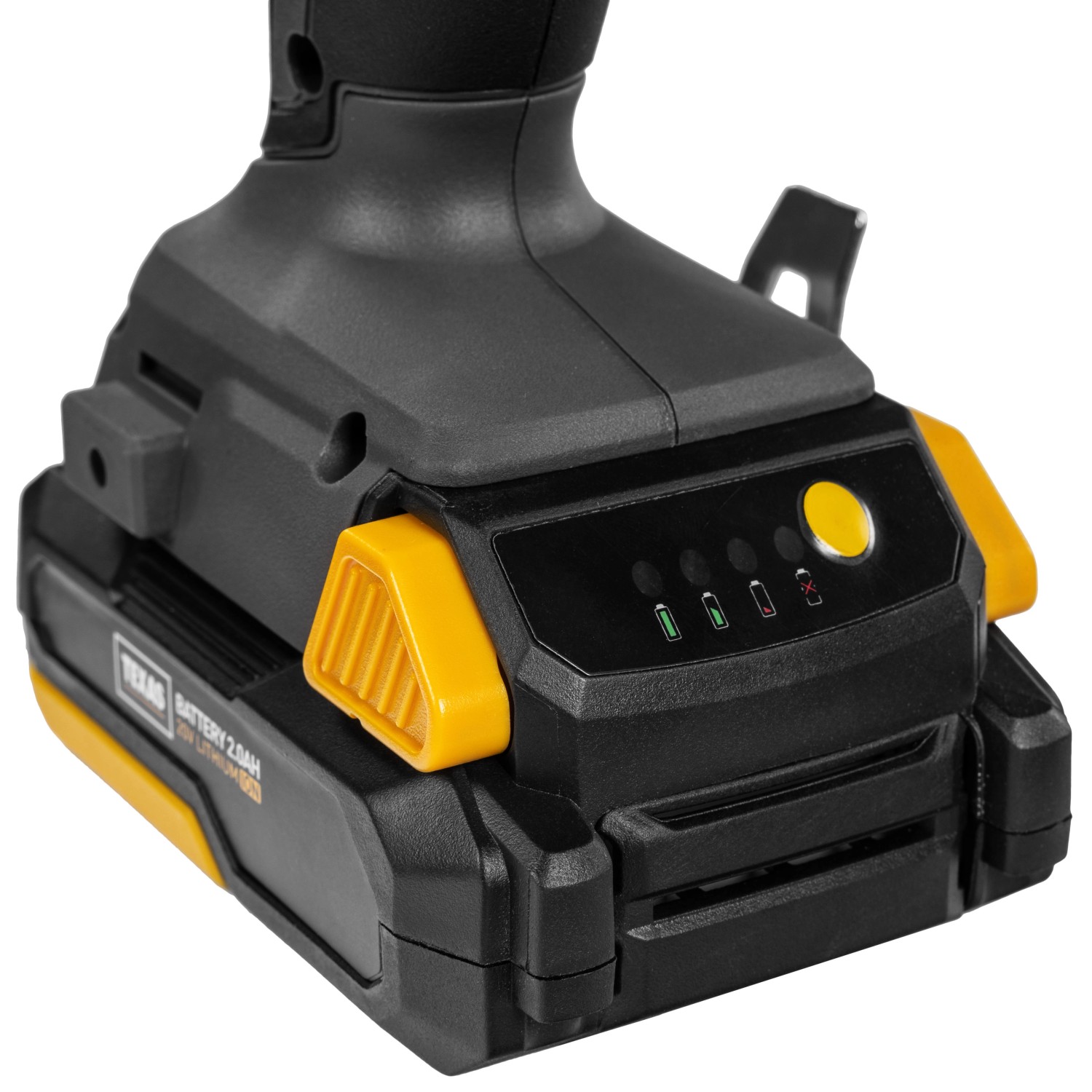 Detailaufnahme der Texas 20V Schlagbohrmaschine IDX2000 mit Akku.