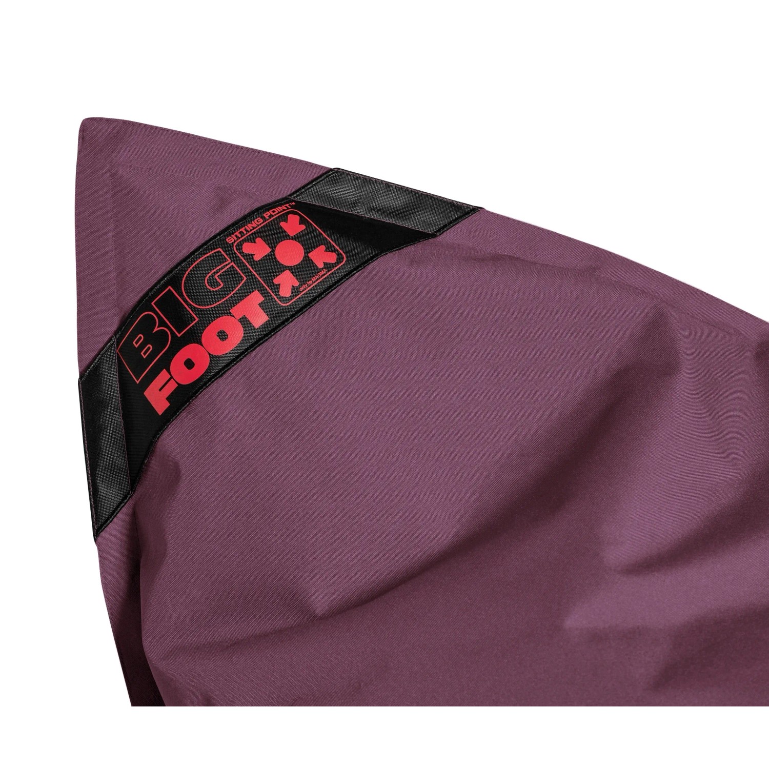 Nahaufnahme: Auberginefarbener Sitting Point Sitzsack Big Foot Scuba, 380 l, mit Logo.
