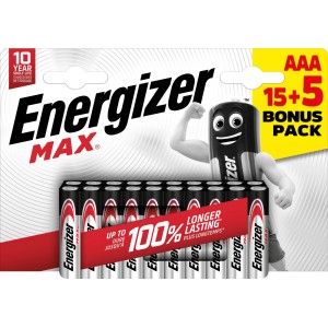 Energizer Max Micro AAA Batterien, 20er Pack. Langlebige Alkali-Mangan Batterien für Geräte des täglichen Gebrauchs.