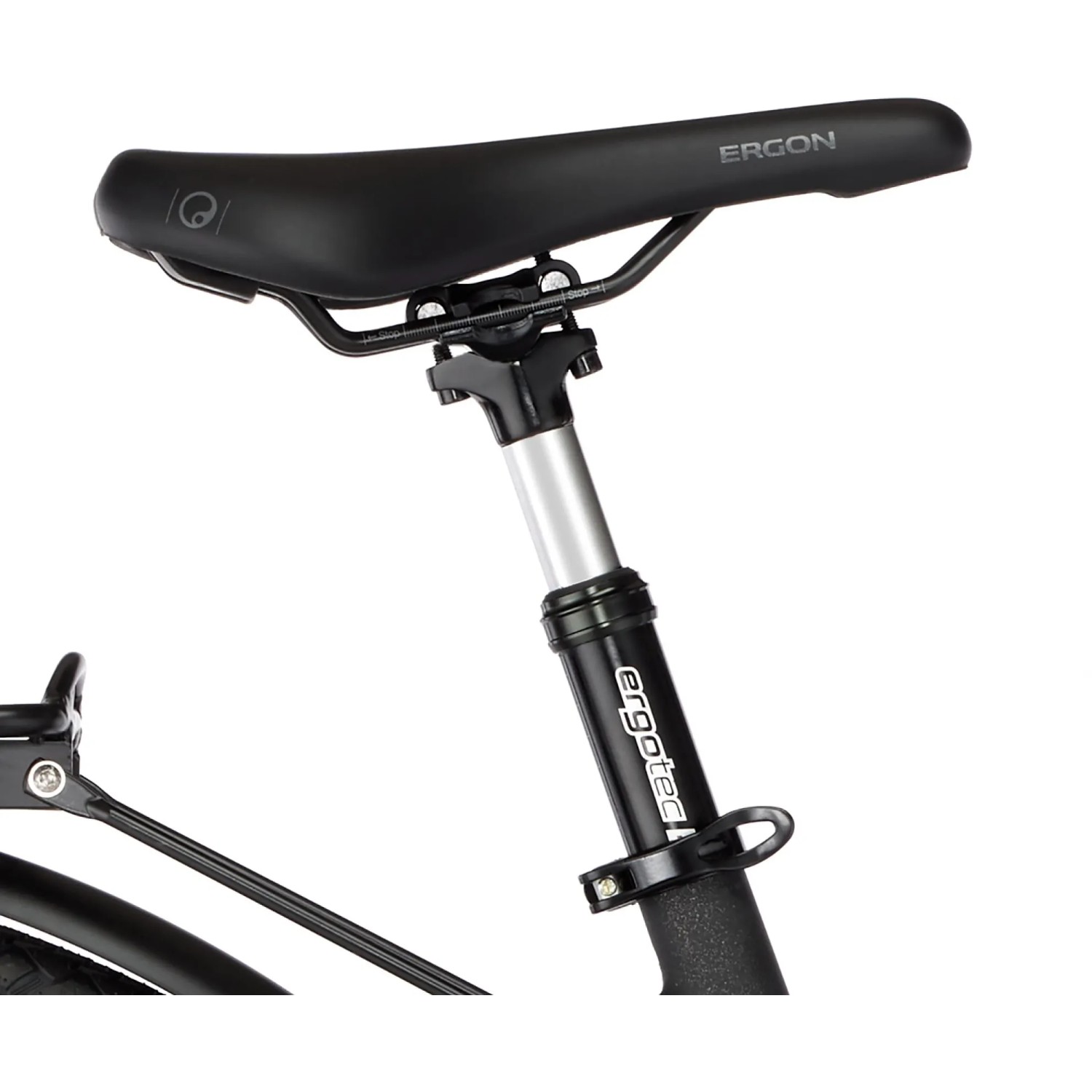 Detailaufnahme: Schwarzer Ergon Sattel und gefederte Sattelstütze am Fischer E-Bike Viator 6.0i.