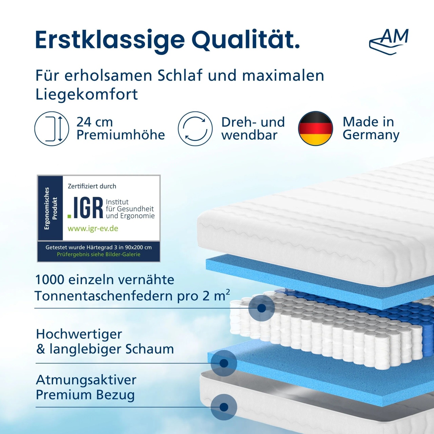 AM Qualitätsmatratze Premium 1000: Taschenfederkernmatratze 180x200 cm mit 7 Zonen System.