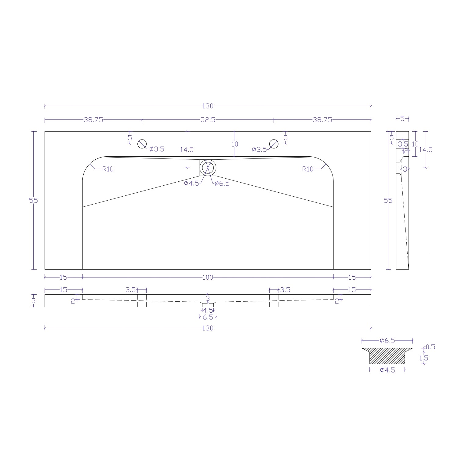 Technische Zeichnung des Posseik Badmöbel Granit G654 Yamo 130 cm in Grafit mit Maßen.