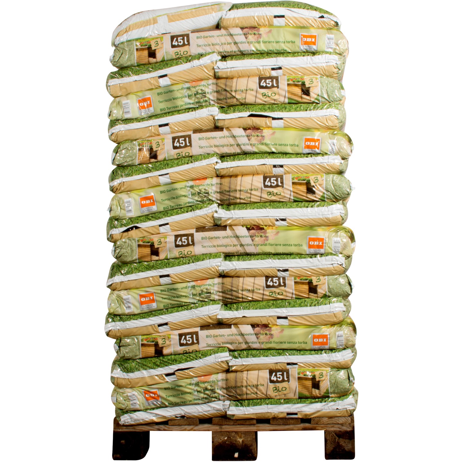 Palette OBI Bio Garten- und Hochbeeterde, 51 Säcke à 45 l, torffrei für Hochbeet und Garten.