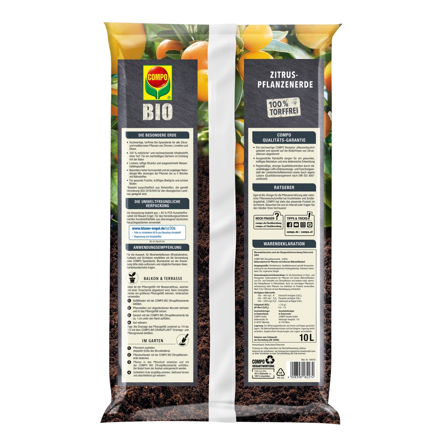 Compo Bio Zitruspflanzenerde, torffrei, 10 l Sack für Zitrus- und mediterrane Pflanzen.