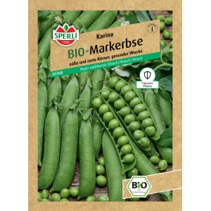 Samenpackung BIO Sommermarkerbse Karina von Sperli mit grünen Erbsenschoten.