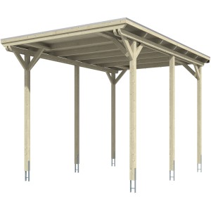Skan Holz Carport Emsland Caravan, Eiche hell, mit flachem Dach und sechs Pfosten.