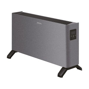 Grauer Be Cool Konvektor BCHarold26 mit Stoffbezug, 2000 W Leistung, Display und Standfüßen. Elektrisches Heizgerät.