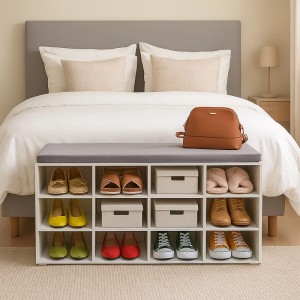 Relaxdays Schuhbank Holzwerkstoff Weiß Grau Gepolstert mit 12 Fächern 48 cm x 104 cm x 30 cm 16,4 kg