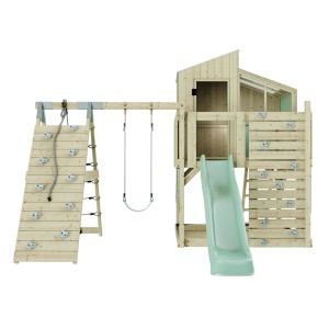 Holz-Spieltum mit mintgrüner Kinderschaukel, Rutsche und Kletterwand für Kinder ab 3 Jahren.