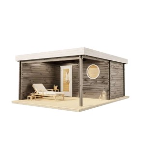 Finntherm Gartensauna Cubus-70 Royal, naturbelassen mit Liege und Rundfenster.