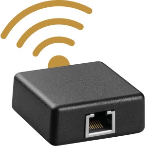 Haas+Sohn WLAN-Modul zur Fernsteuerung von Pelletöfen. Schwarzes Gehäuse mit WLAN-Symbol.