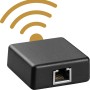 Haas+Sohn WLAN-Modul zur Fernsteuerung von Pelletöfen. Schwarzes Gehäuse mit WLAN-Symbol.