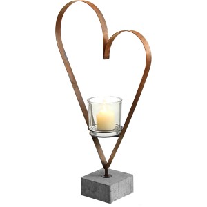 Windlicht Heart, 80 cm, Metall Rosteffekt mit Glas für Kerze, auf Betonsockel.