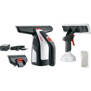 Bosch GlassVac Akku-Fenstersauger Set mit Sprühflasche, Saugköpfen und Ladegerät.