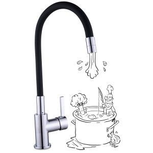 baliv Küchenarmatur KI-1820 Chrom-Schwarz mit flexiblem Auslauf und Cartoon-Illustration.