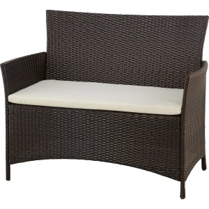 Braunes 2-Sitzer Gartenmöbel-Sofa Canera aus Polyrattan mit beigem Sitzkissen.