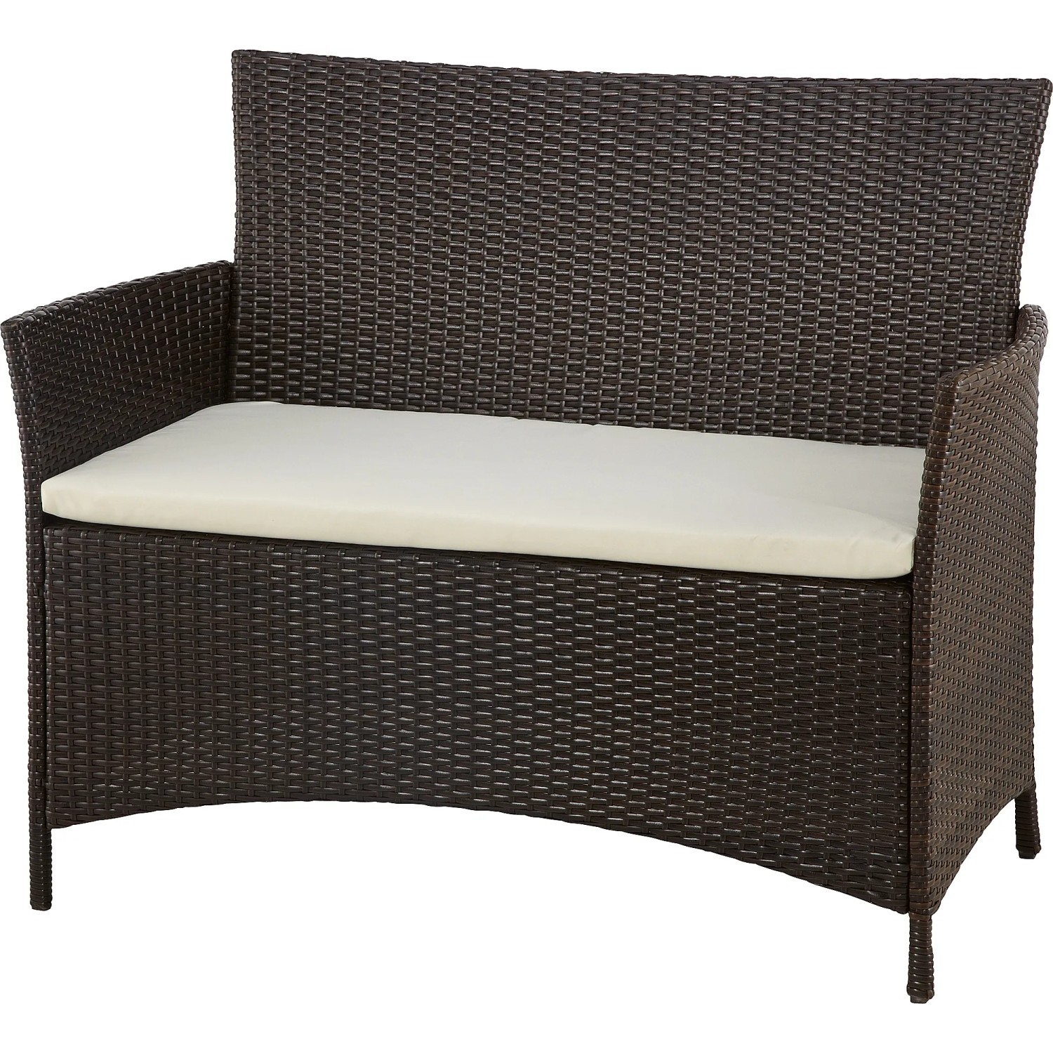Braunes 2-Sitzer Gartenmöbel-Sofa Canera aus Polyrattan mit beigem Sitzkissen.