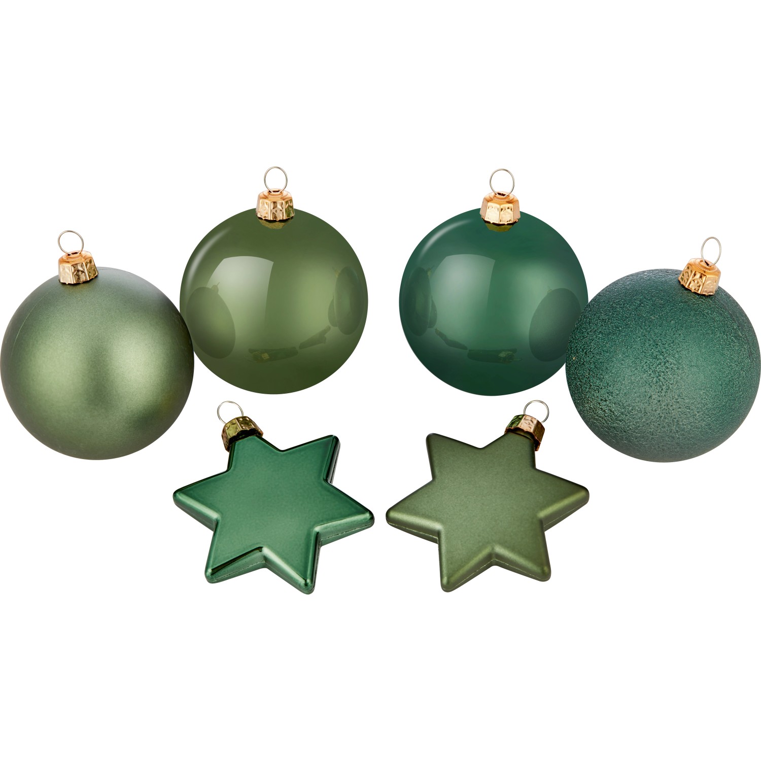 Grünes Weihnachtskugel-Set, 50-teilig, Ø 6 cm, mit Kugeln und Sternen in verschiedenen Oberflächen.