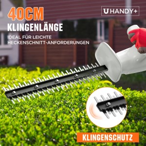 Litheli Akku-Heckenschere mit 45 cm Schnittlänge im Einsatz, ideal für den Heckenschnitt.