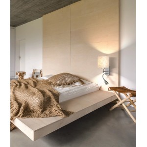 Wandleuchte Dreamer mit Leselampe, 2-flammig, Nickel/Leinen sandfarben, im Schlafzimmer.