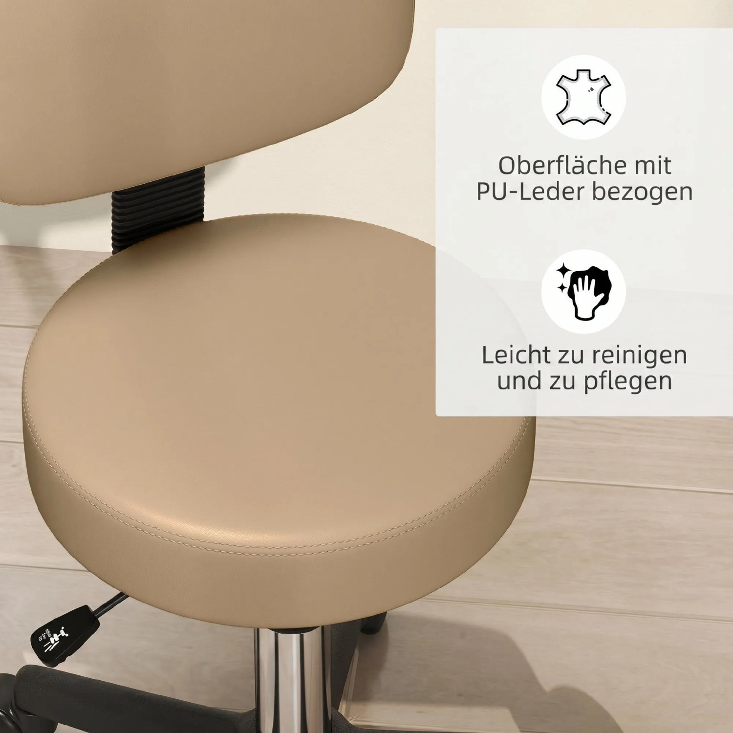Brauner HOMCOM Salon Hocker mit runder, gepolsterter Kunstleder-Sitzfläche und Rückenlehne, höhenverstellbar, leicht zu reinigen.